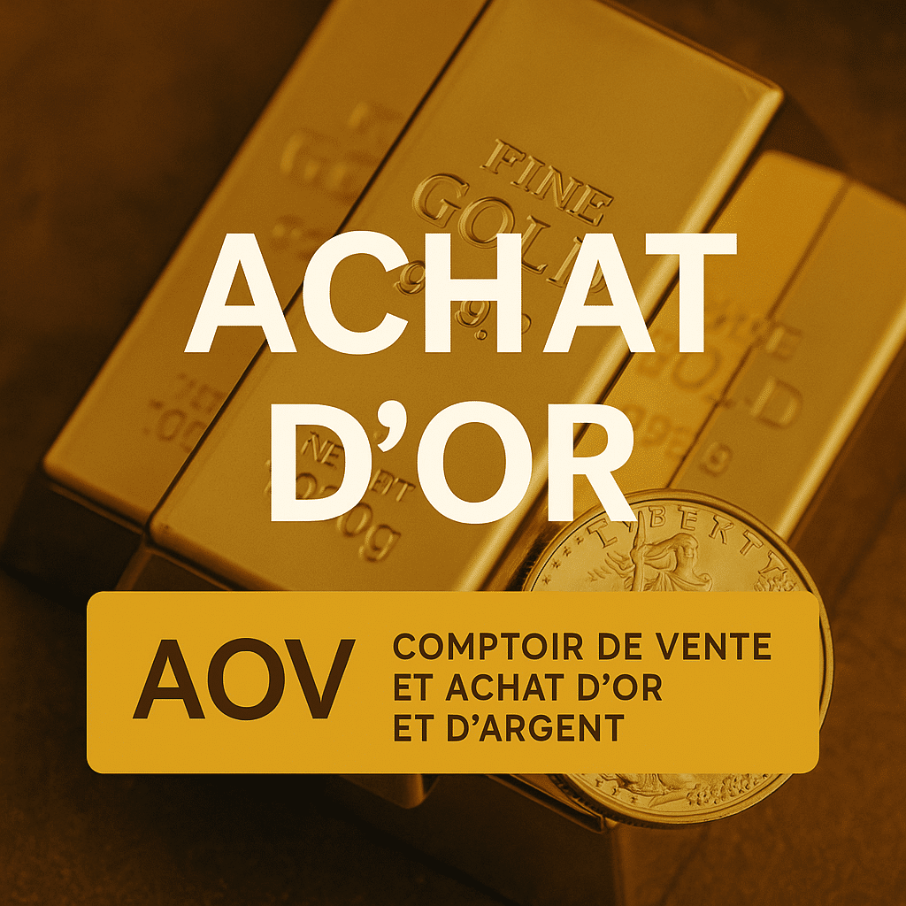Lingots d’or et pièce Liberty en gros plan avec le texte 'ACHAT D’OR' en surimpression. En bas, une bannière indique 'AOV – Comptoir de vente et achat d’or et d’argent' sur fond doré